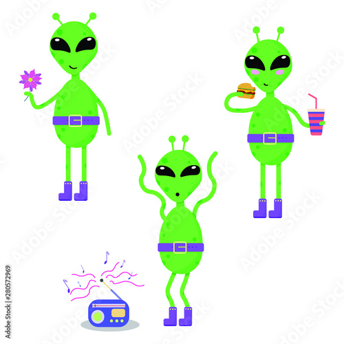 Vector illustration. Cute, cartoon, bright set with aliens. White background. 