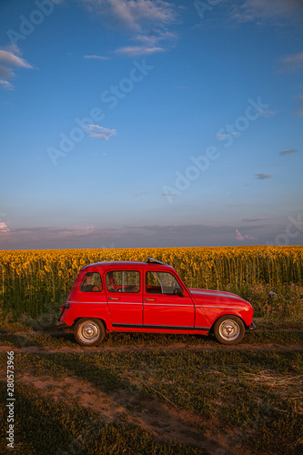 red retro car on a field in the setting sun © Oleksandr Tsybulskyy
