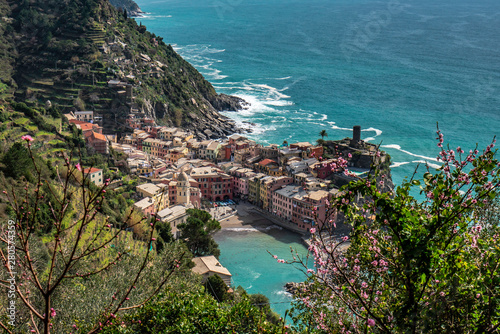 Landscape of Vernazza village from the top of the hill in Cinque Terre, Italy