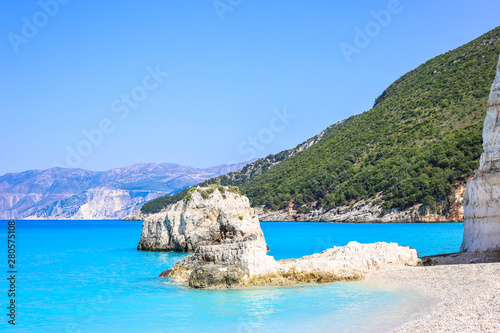 Beautiful beach Fteri with turquoise sea on the island of Kefalonia, Greece photo