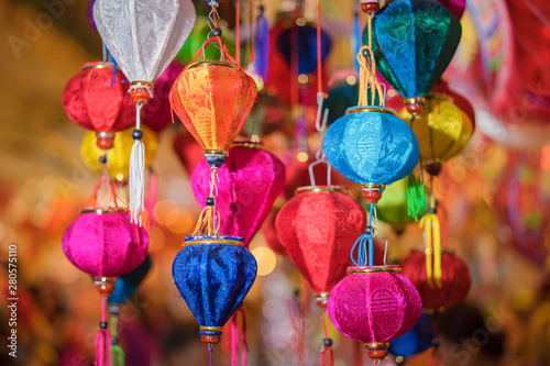 Colorful tradition lantern at china town lantern market in saigon, Vietnam. Beautiful Chinese lanterns and Many kind of tradition lanterns are hanging on street market in mid autumn festival. 