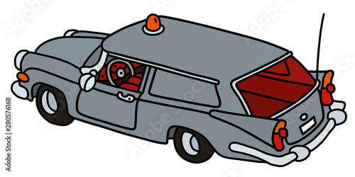 The vectorized hand drawing of a funny old gray service delivery car