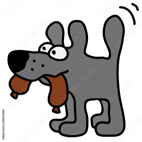 The vectorized hand drawing of a funny gray dog with the sausage