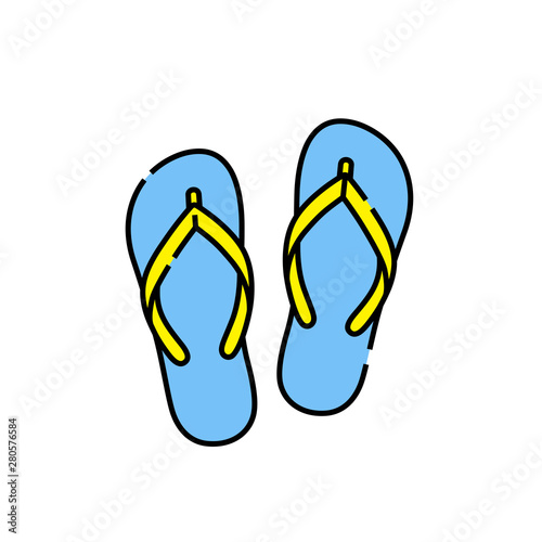 Summer sandals line icon. Blue and yellow flip flops symbol. Slops sign. Vector illustration.