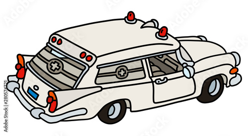 The vectorized hand drawing of a funny old white ambulance