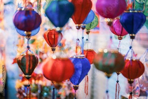 Colorful tradition lantern at china town lantern market in saigon, Vietnam. Beautiful Chinese  lanterns and  Many kind of tradition lanterns are hanging on street market in mid autumn festival. 