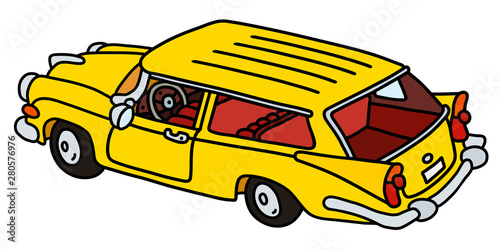 The vectorized hand drawing of a funny old yellow station wagon
