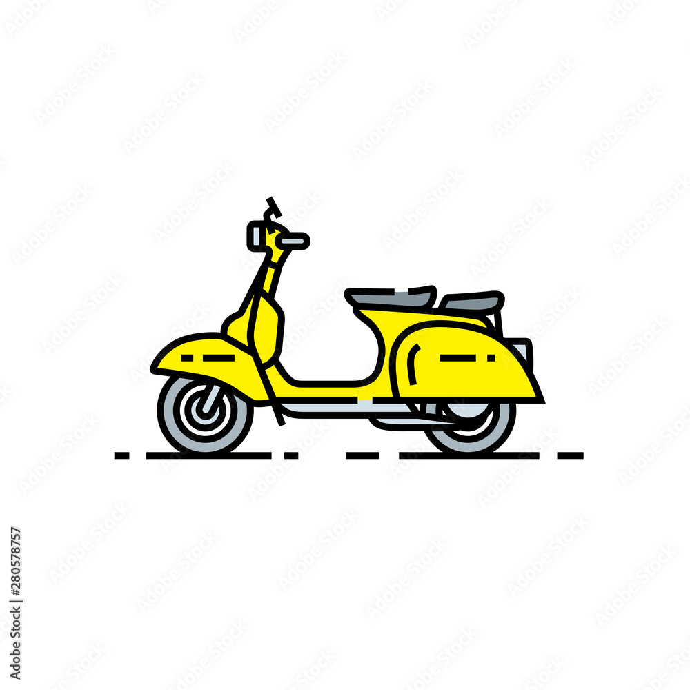 Classic scooter line icon. Retro motorcycle symbol. Ladies yellow vintage scooter sign. Vector illustration.