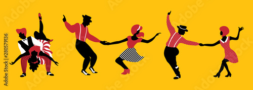 Group of people dancing  lindy hop or boogie woogie. Set of three couples in 1940s or 1950s style performing swing. Vector illustration in yellow, red and black colors.