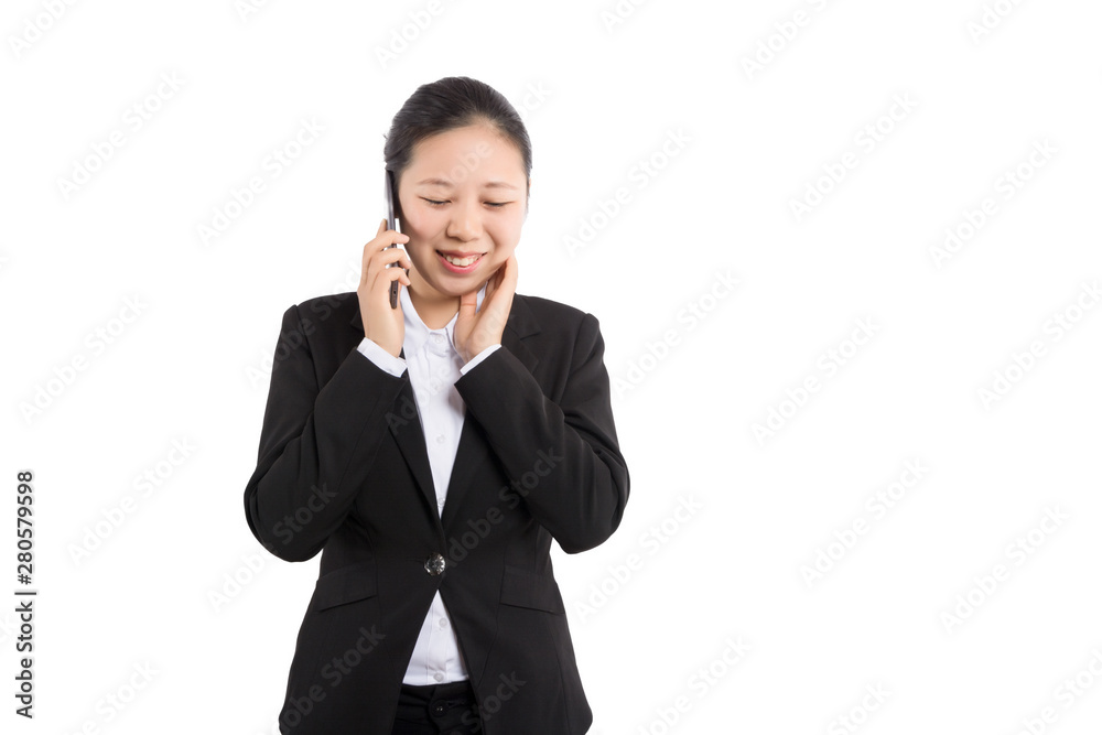 Young Business woman happy speaking mobile phone isolated on white background, model is a asian beauty Young Business woman happy speaking mobile phone isolated on white background, model is a asian beauty