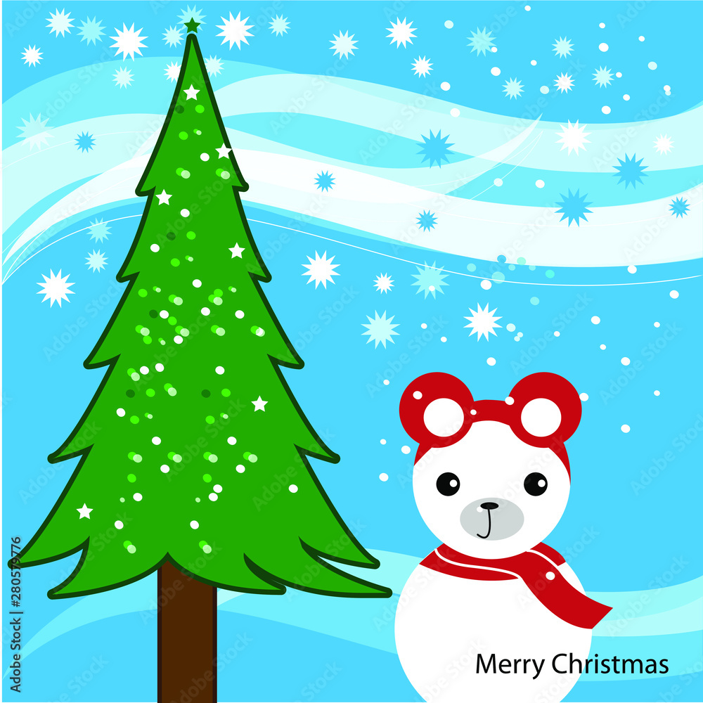 Christmas card. Snowbear and the Tree. winter background with snowflakes. Christmas illustration. Christmas card. Snowbear and the Tree. winter background with snowflakes. Christmas illustration.