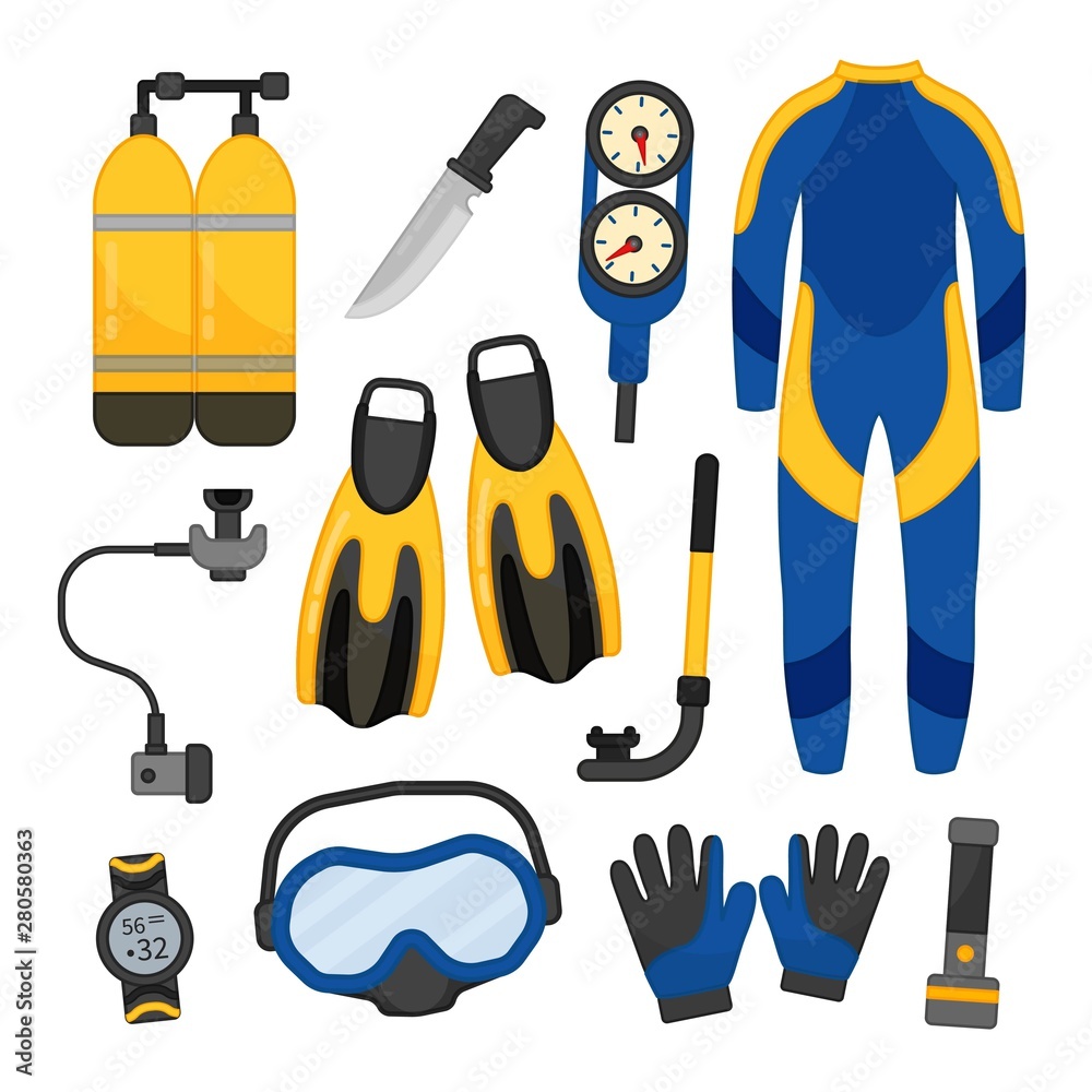 Vector set of equipment for diving. Vector set of equipment for diving.