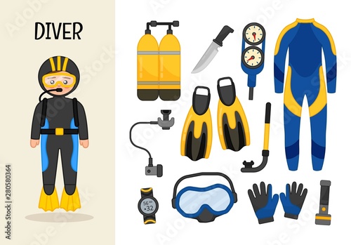 Vector character diver. Illustrations of diver equipment. Set of cartoon professions.