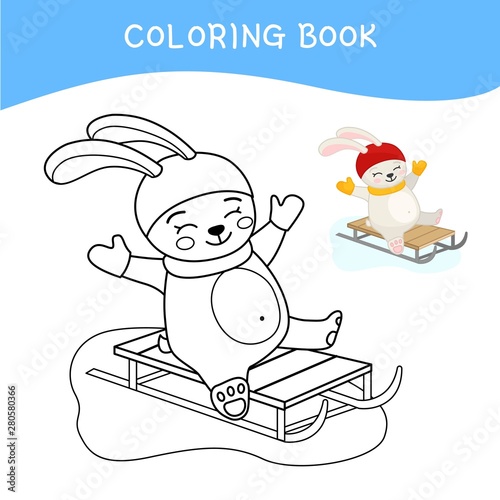 Coloring book for children. Cartoon cute hare sledding. Winter illustration.