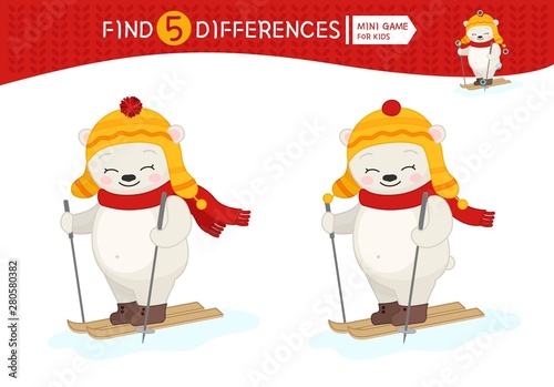 Find differences.  Educational game for children. Cartoon vector illustration of white polar bear skiing.