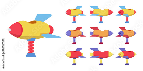 Rocket spring rider playground set, bouncy spaceship, outdoors playing device. Children ride on toy. Vector flat style cartoon illustration isolated on white background, different views and colors