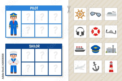 Matching children educational game. Learning cards. Match objects and professions. Activity for pre sсhool years kids and toddlers.