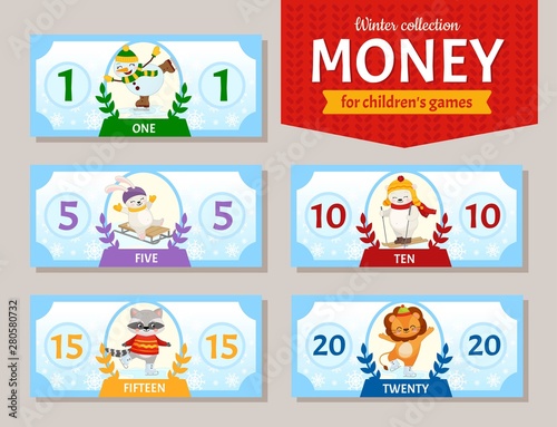 Vector set of paper money for children's games. Cute cartoon animals. Learning material for kids.  Winter collection.
