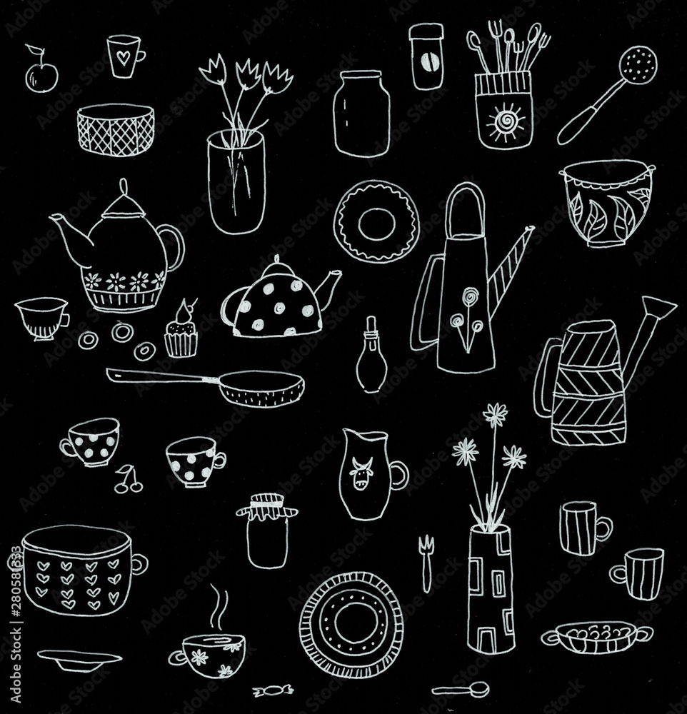 Set of utensils on a black background illustration