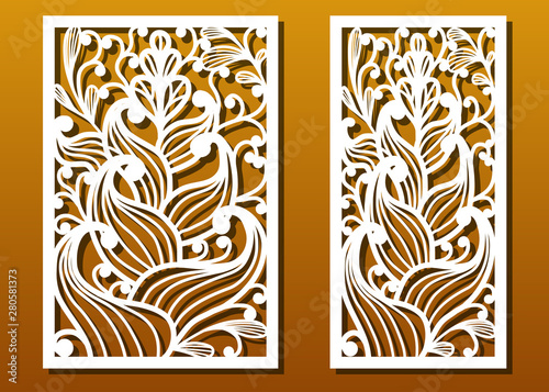 Laser cut panels with floral pattern. Die templates, cut-out for wood or metal decor or fretwork, card engraving stencil. Vector set.