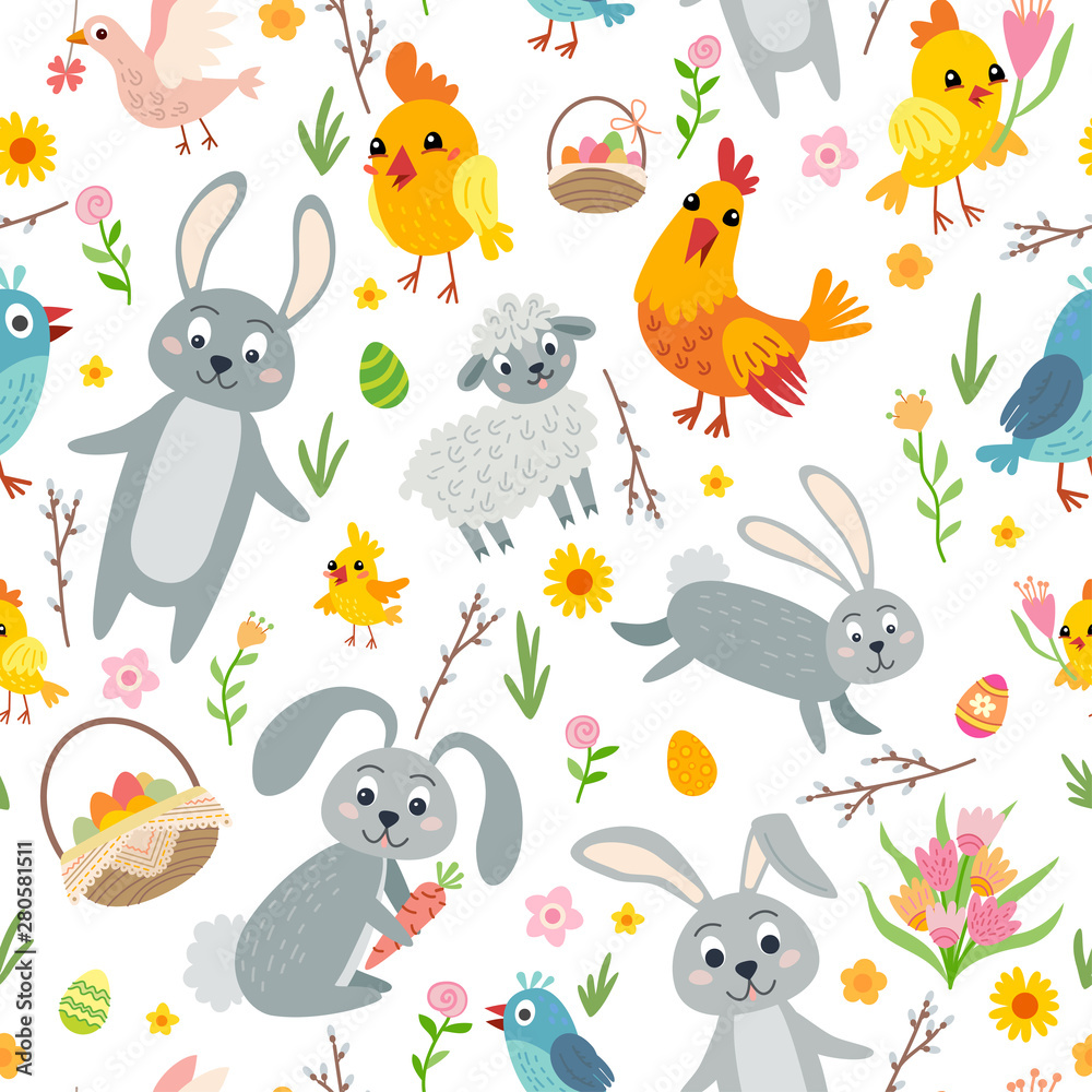 Easter seamless pattern. Holiday vintage background with cartoon Easter symbol.