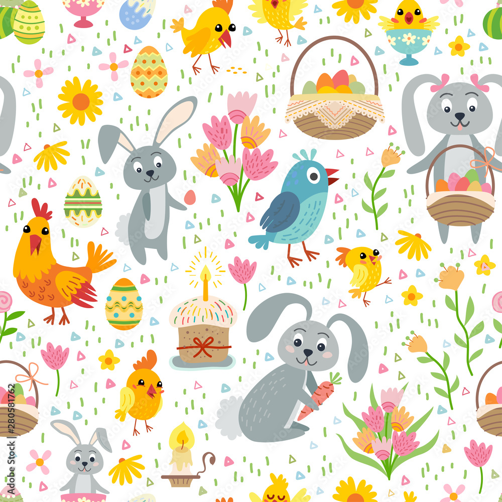 Naklejka premium Easter seamless pattern. Holiday vintage background with cartoon Easter symbol.