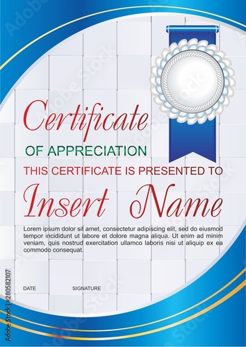 Vector template certificate of appreciation  with colorful stripy pattern and place for text. Design usable for diploma for best student, invitation, gift voucher, coupon, official or different awards