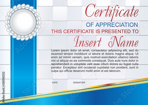 Vector template certificate of appreciation  with colorful stripy pattern and place for text. Design usable for diploma for best student, invitation, gift voucher, coupon, official or different awards