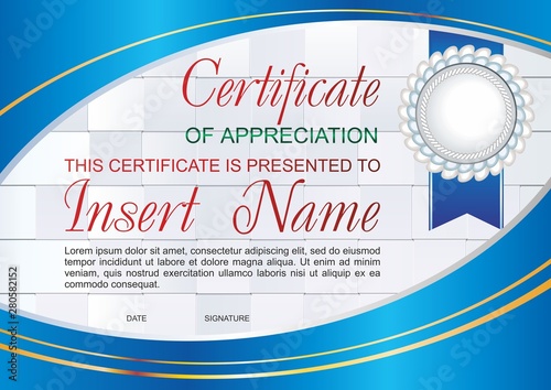 Vector template certificate of appreciation  with colorful stripy pattern and place for text. Design usable for diploma for best student, invitation, gift voucher, coupon, official or different awards