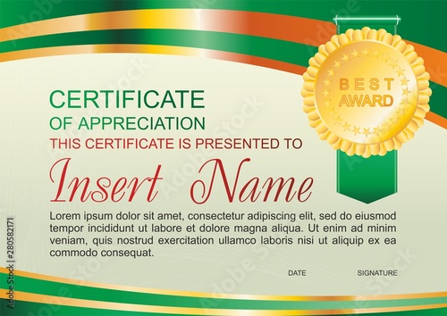 Vector template certificate of appreciation  with colorful stripy pattern and place for text. Design usable for diploma for best student, invitation, gift voucher, coupon, official or different awards