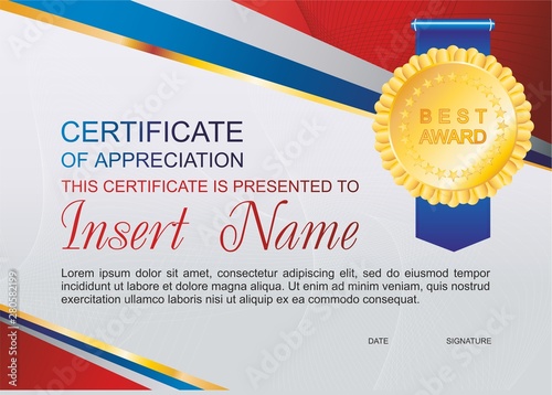 Vector template certificate of appreciation  with colorful stripy pattern and place for text. Design usable for diploma for best student, invitation, gift voucher, coupon, official or different awards