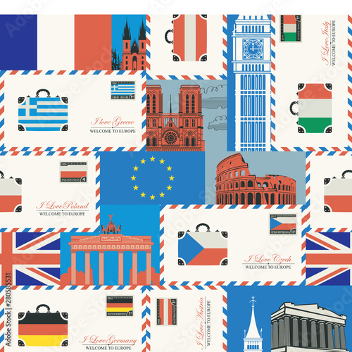 Vector seamless pattern on the theme of travel to countries of Euro union. Repeatable background with flags, envelopes, postcards and architectural landmarks. Wallpaper, wrapping paper, fabric