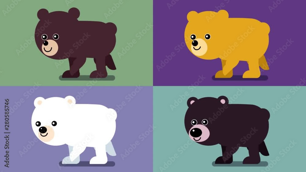 100 baby animals. Set adorable bears. Walk cycle of four cute baby bears, brown, black and white. 2D animation made in 4K, loopable clip with alpha channel. Isolated 100 baby animals. Set adorable bears. Walk cycle of four cute baby bears, brown, black and white. 2D animation made in 4K, loopable clip with alpha channel. Isolated