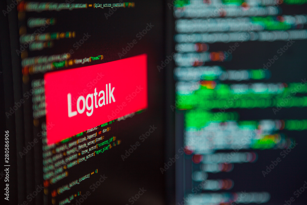 Programming language, Logtalk inscription on the background of computer code.