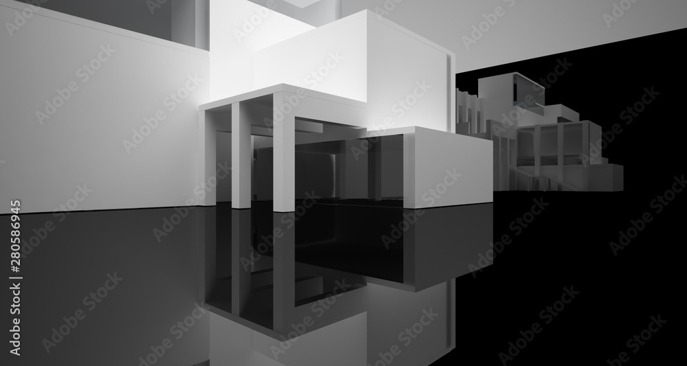 Abstract architectural white and black gloss interior of a minimalist house with large windows.. 3D illustration and rendering. Abstract architectural white and black gloss interior of a minimalist house with large windows.. 3D illustration and rendering.