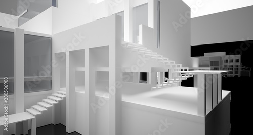 Abstract architectural white and black gloss interior of a minimalist house with large windows.. 3D illustration and rendering.