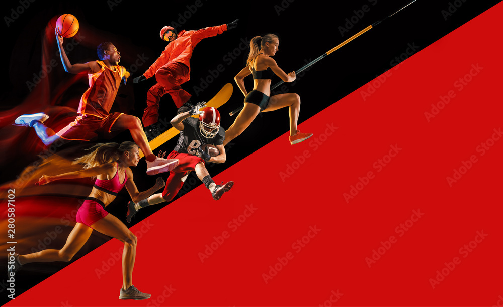 Creative collage of sportsmen in action of game. Black and red background. Advertising, sport, healthy lifestyle, motion, activity, movement concept. American football, basketball, pole vault. - obrazy, fototapety, plakaty 