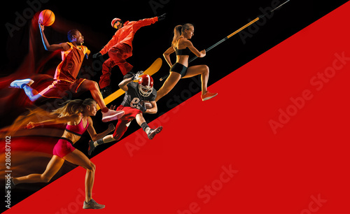 Creative collage of sportsmen in action of game. Black and red background. Advertising, sport, healthy lifestyle, motion, activity, movement concept. American football, basketball, pole vault.