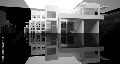 Abstract architectural white and black gloss interior of a minimalist house with large windows.. 3D illustration and rendering.