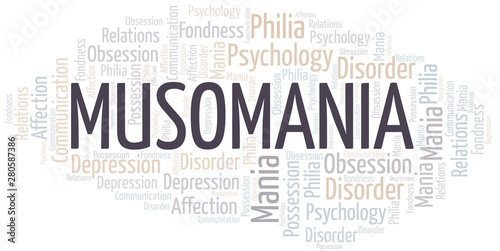 Musomania word cloud. Type of mania, made with text only.