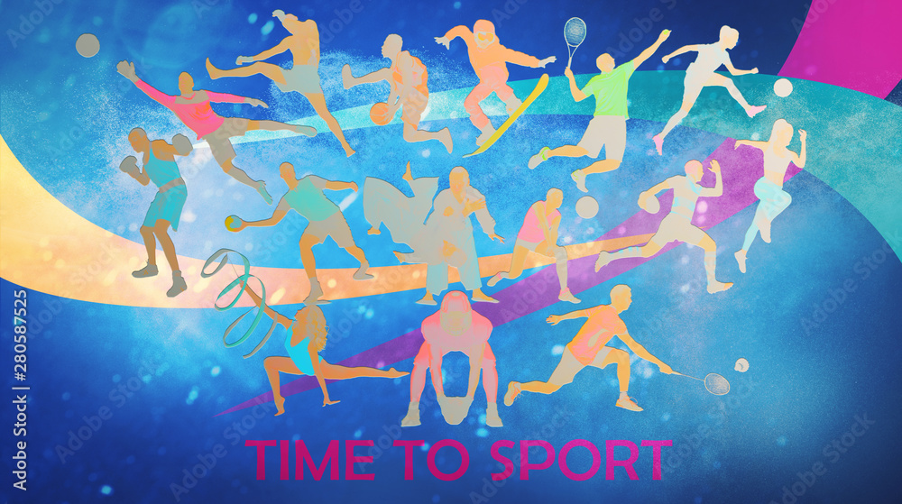 Fototapeta Creative collage of drawned silhouettes of sportsmen. Advertising, sport, healthy lifestyle, motion, activity, movement concept. American football, soccer, tennis volleyball box badminton rugby