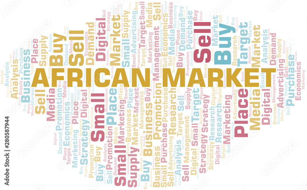 African Market word cloud. Vector made with text only.
