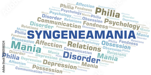 Syngeneamania word cloud. Type of mania, made with text only.