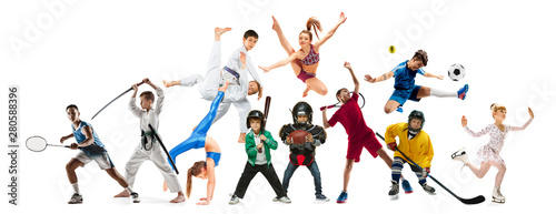 Creative collage of photos of 10 models. Advertising  sport  healthy lifestyle  motion  activity  movement concept. American football  soccer  tennis volleyball box badminton rugby