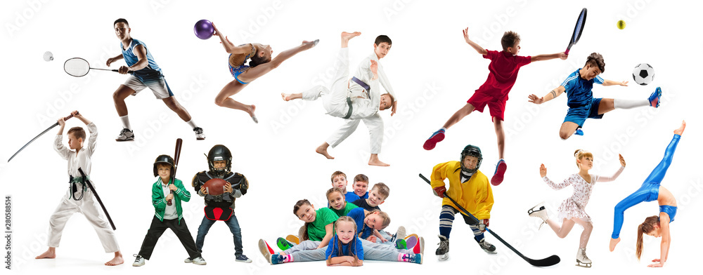 Creative collage of photos of 18 models. Advertising, sport, healthy lifestyle, motion, activity, movement concept. American football, soccer, tennis volleyball box badminton rugby - obrazy, fototapety, plakaty 