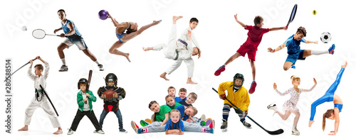 Creative collage of photos of 18 models. Advertising, sport, healthy lifestyle, motion, activity, movement concept. American football, soccer, tennis volleyball box badminton rugby