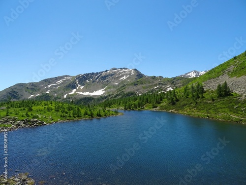 a lake in the Alps of Val Bognanco during a summer day  near the village of Domodossola  Italy - June 2019.
