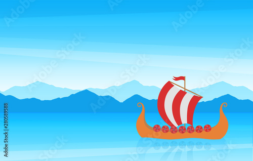 Beautiful cartoon scenic Seascape with mountain shore and scandinavian Medieval Sailboat Drakkar, Vector banner illustration with copy space for travel agency. Boat trips on yachts.