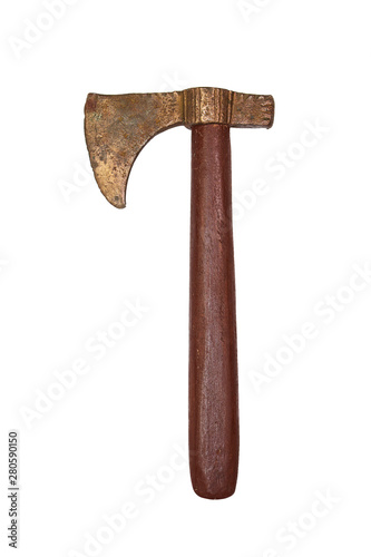  Ancient Bronze Axe With Wooden Handle Isolated On White Background