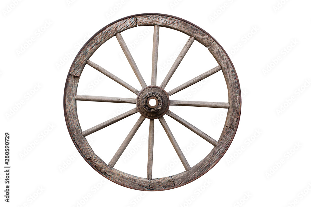 Carriage Wooden Wheel. Cartwheel All Weathered and Rusty Isolated On White Background